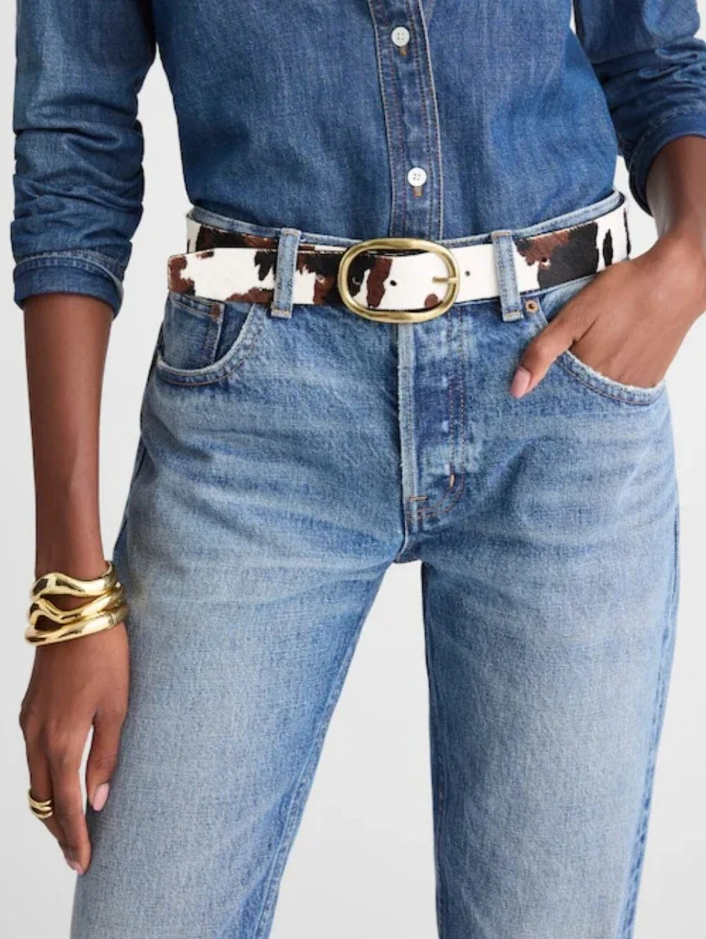 Madewell Oval Buckle Belt - Calfhair Cow Print - white, black, brown